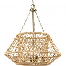 Progress Lighting P400323-163 - Laila Collection Four-Light Vintage Brass Coastal Chandelier with Woven Jute Accents