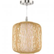 Progress Lighting P500395-201 - Cordova Collection One-Light Natural Rattan Organic Modern Mini-Pendant with White Linen Shade