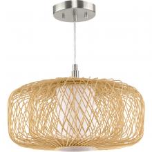 Progress Lighting P500396-201 - Cordova Collection Medium One-Light Natural Rattan Organic Modern Pendant with White Linen Shade
