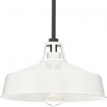 Progress Lighting P550116-030 - Cedar Springs Collection One-Light Textured Black White Metal Shade Farmhouse Outdoor Hanging Light