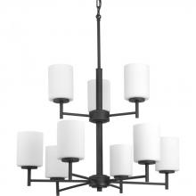 Progress Lighting P4726-31 - Replay Collection Nine-Light Textured Black Etched Painted White Glass Modern Chandelier Light